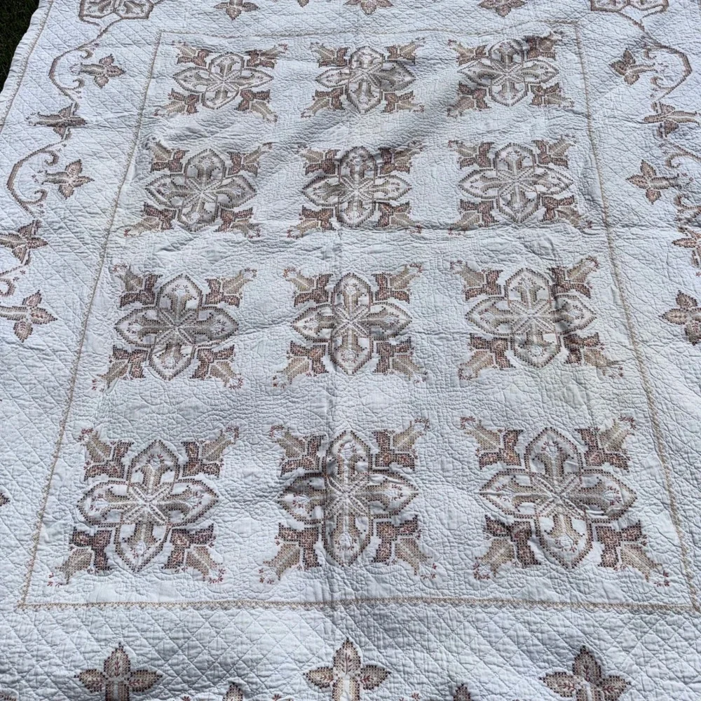 Vintage Hand Embroidered Quilt Brown Cross Stitch Whole Cloth Folk Art Coverlet
